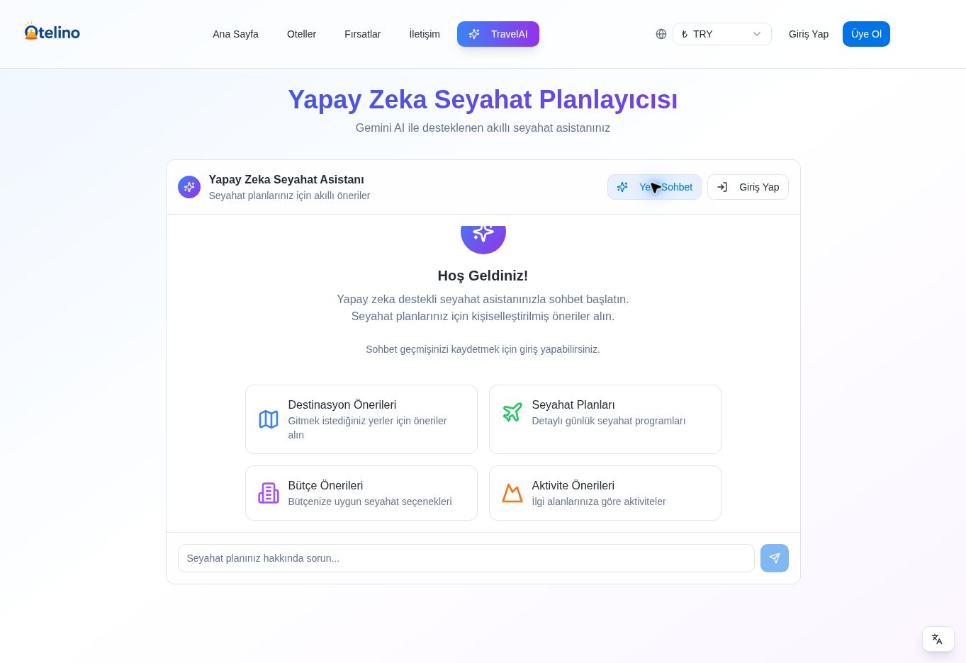 The actual TravelAI assistant interface on Otelino
